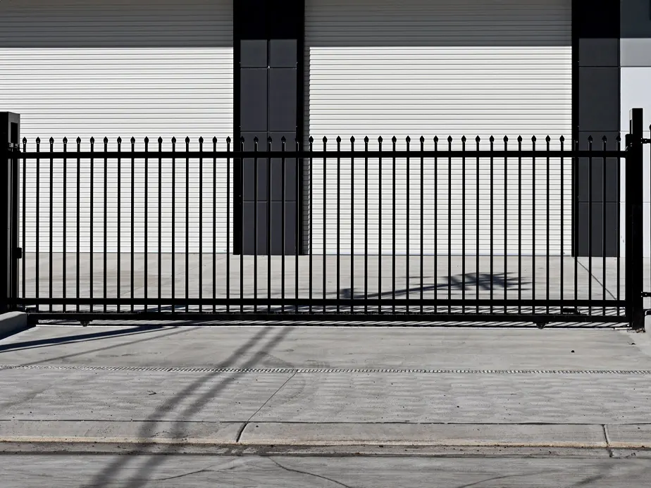 Ornamental sliding gate at a commercial building