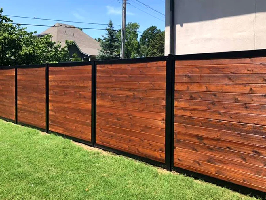 Horizontal wood panels with dark metal framing