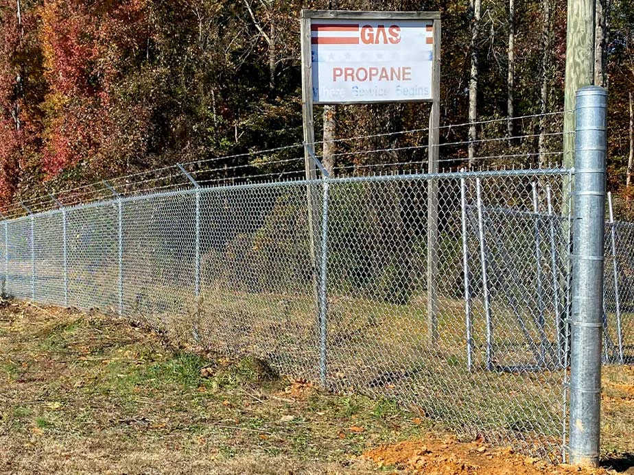 Galvanized chain-link fence alongside trees